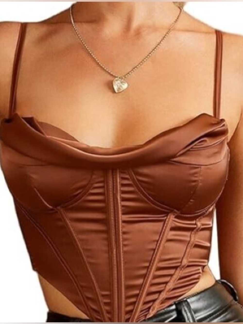 Satin Corset Cowl Neck Crop Top in copper brown